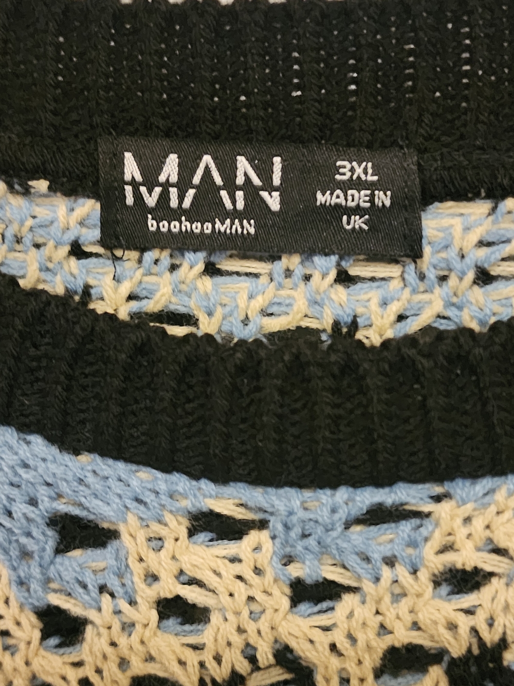 Boohoo Man  Crochet-Style Crewneck Sweater in Blue, Black & Cream - Picture 7 of 10
